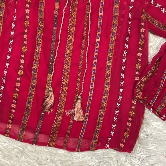 NWT Sundance Red Embroidered Tassel Tie Peasant Blouse Petite - Picture 4 of 11